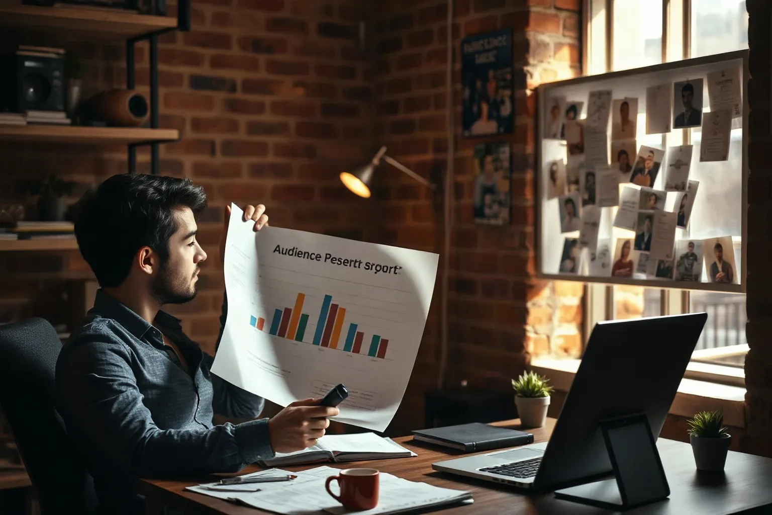 A person sits at a wooden desk in a brick-walled office, holding up a printed bar-chart report while glancing towards a pin board covered in photographs and notes