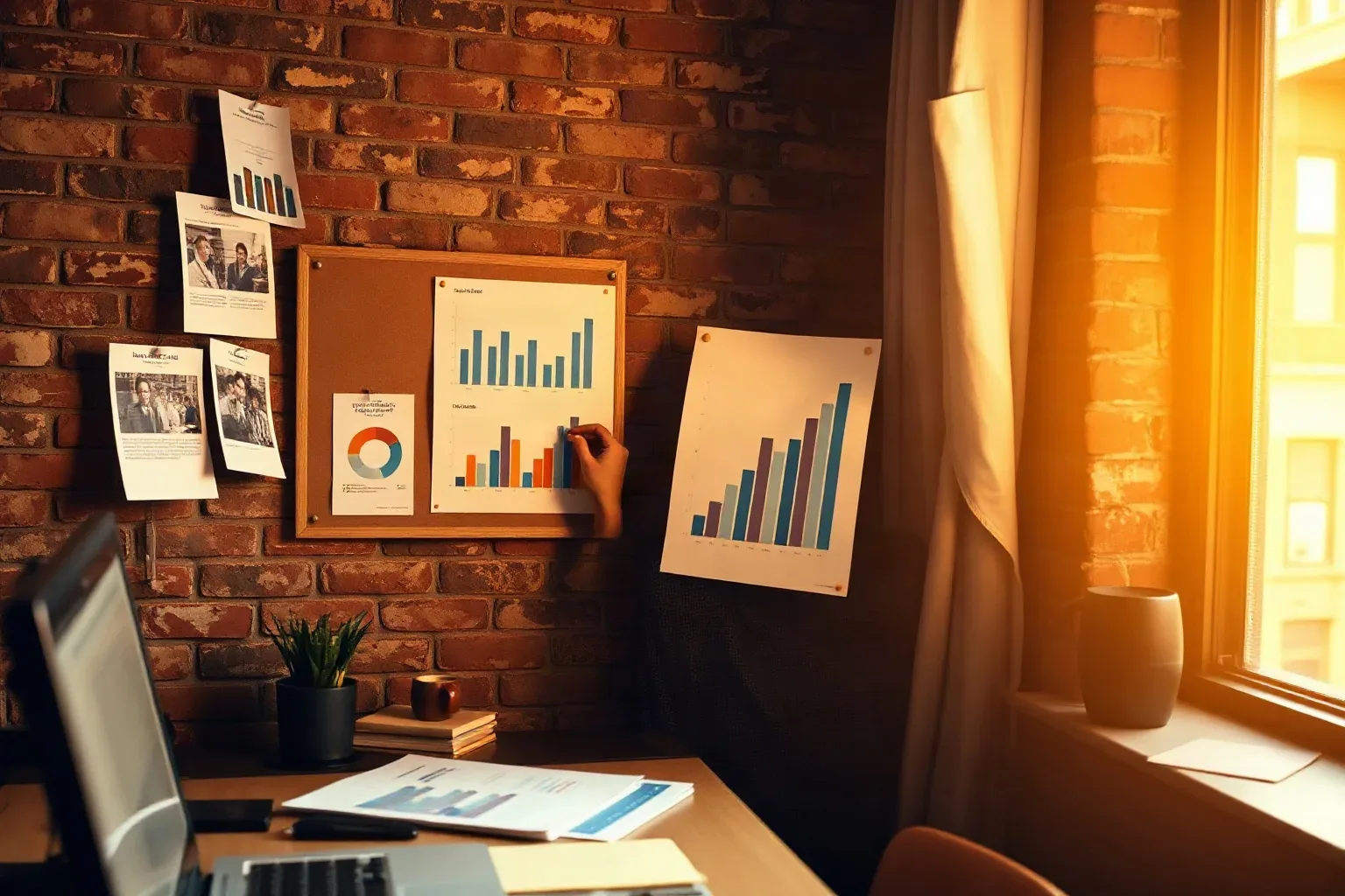 A person pins a bar-chart report to a cork board mounted on an exposed brick wall beside a desk scattered with documents and charts