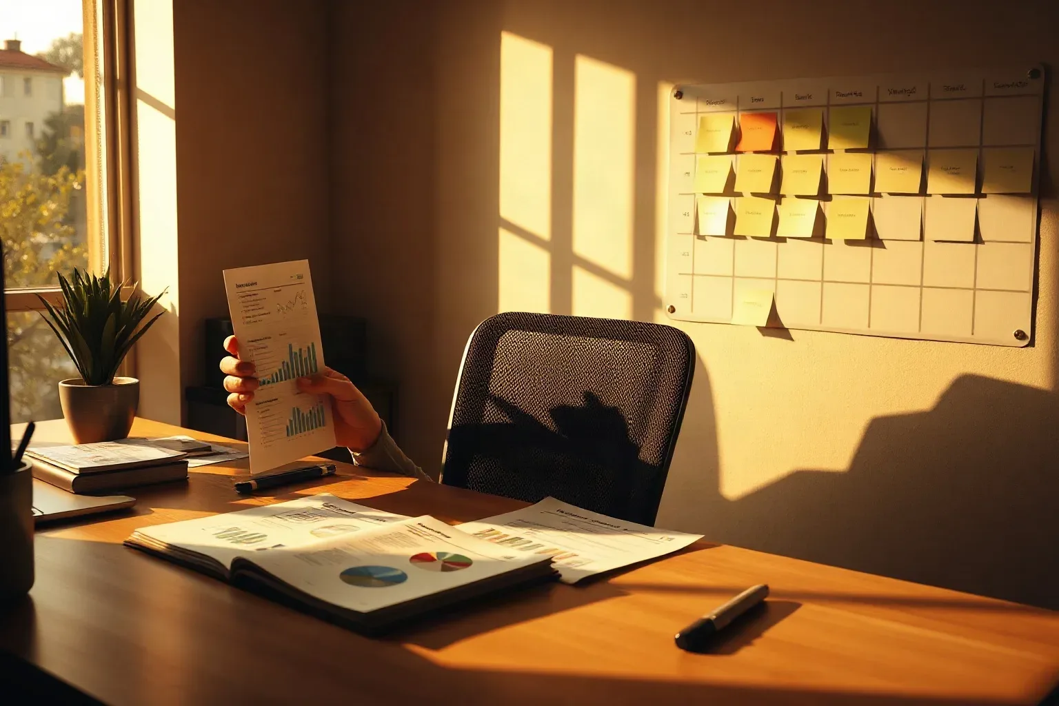 A person seated at a wooden desk holds up a printed report with bar charts, with an open document folder and a pen on the desk, and a grid of sticky notes on the wall behind