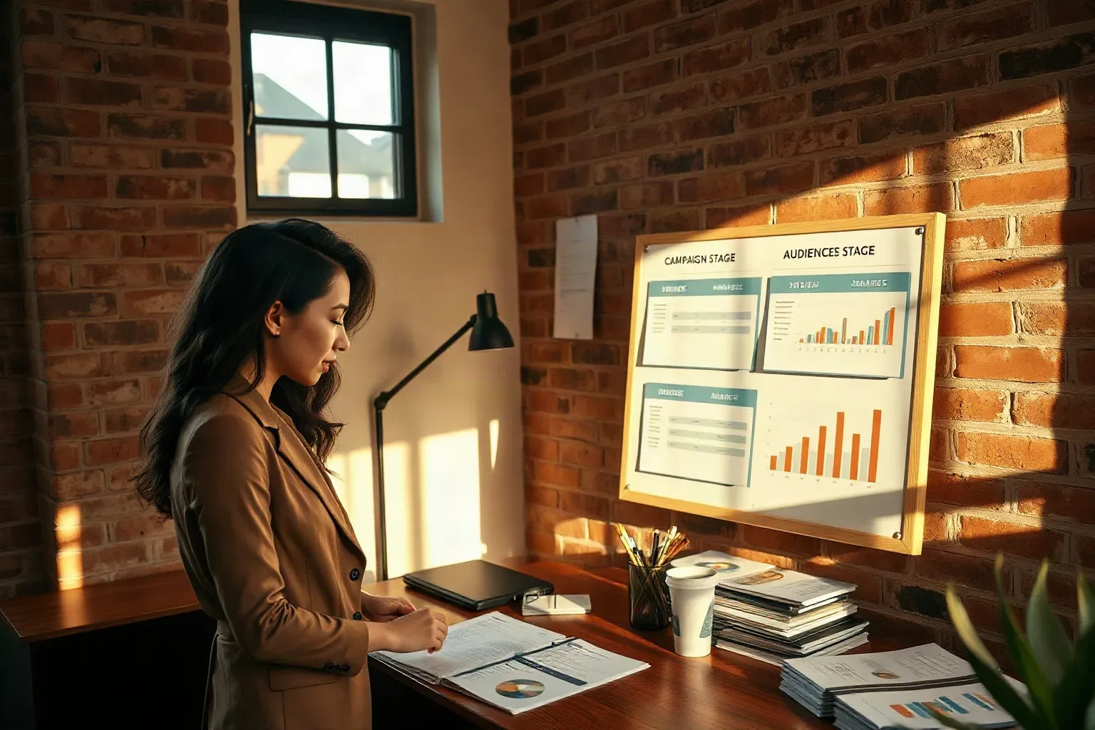 Two business professionals in smart-casual clothing in a compact agency office with exposed brick walls standing at a mounted pin board together examining audience segmentation cards grouped by campaign stage while printed bar-chart analytics reports cover the desk
