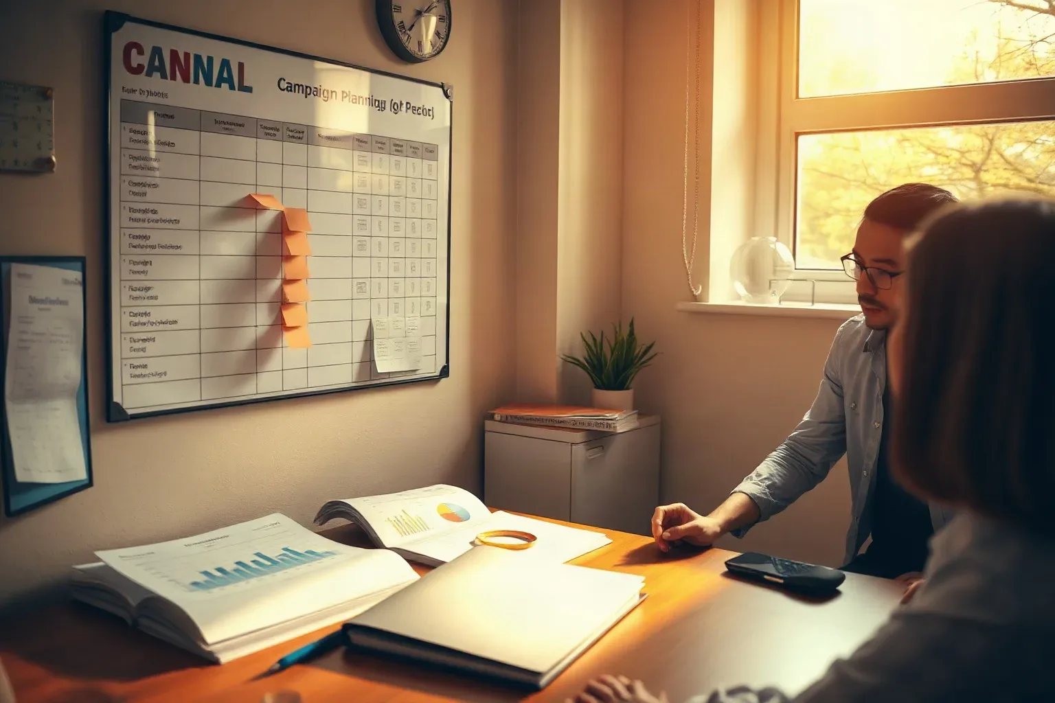 Two people sit and lean over a desk covered in open reports and charts, discussing a campaign planning grid pinned to the wall