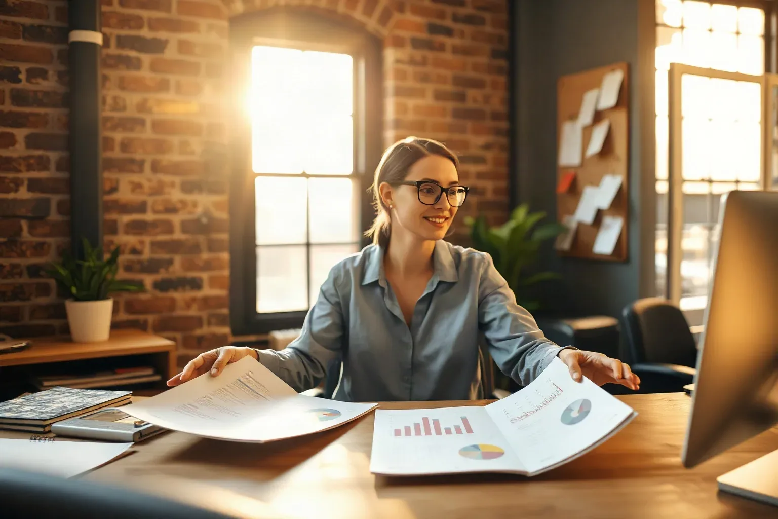 A marketing professional in a compact agency office with exposed brick walls spreading printed funnel analytics reports into two clearly separated groups on a desk while a mounted pin board with audience segmentation cards is visible in the background