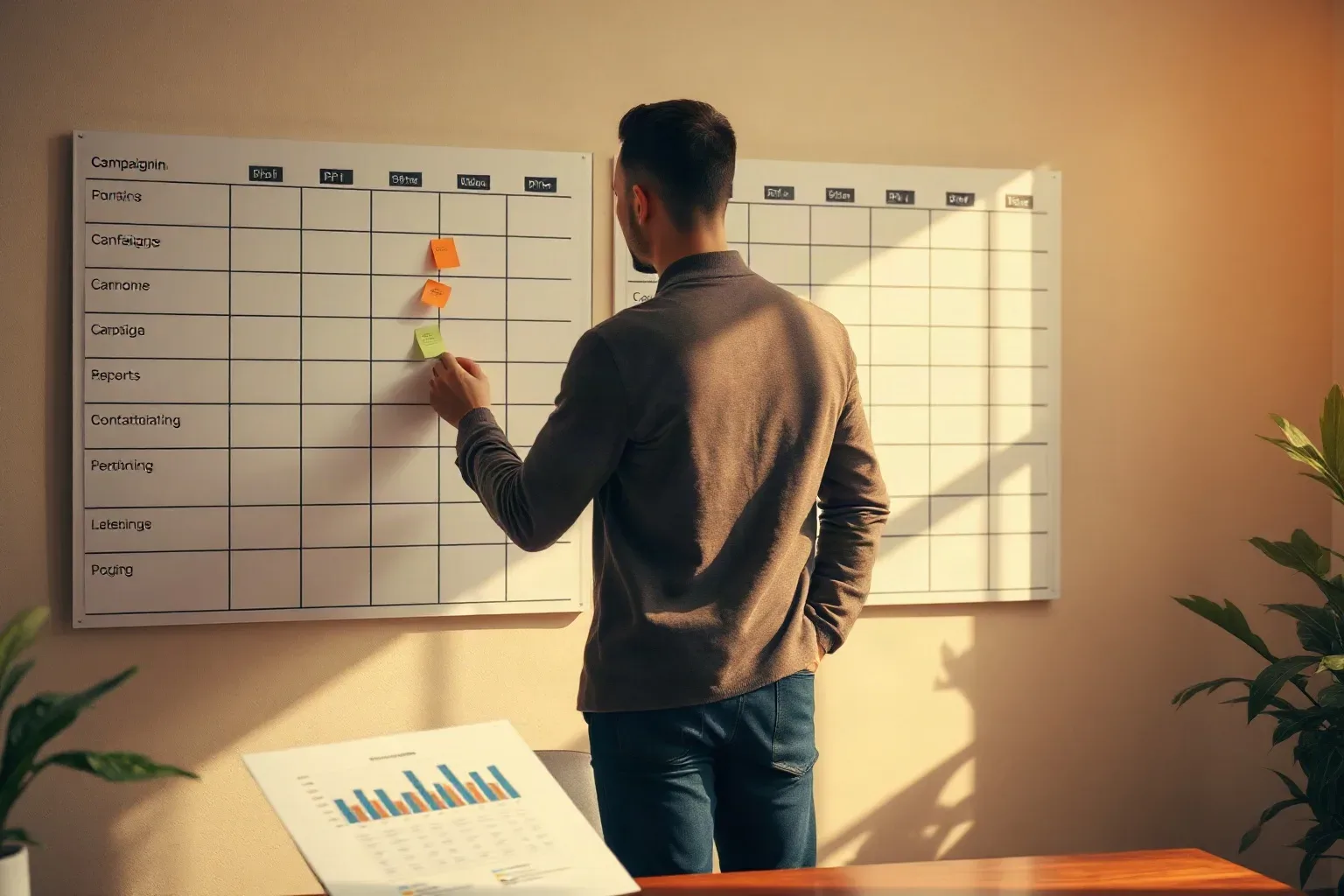 A person stands with their back to the camera, placing sticky notes on a wall-mounted grid chart beside a bar-chart report on a desk