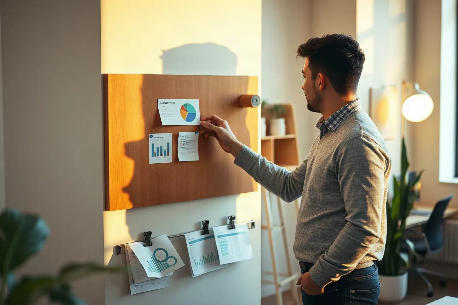 A person pins a printed chart to a wooden wall-mounted board in a bright modern office, with further clipped documents displayed below