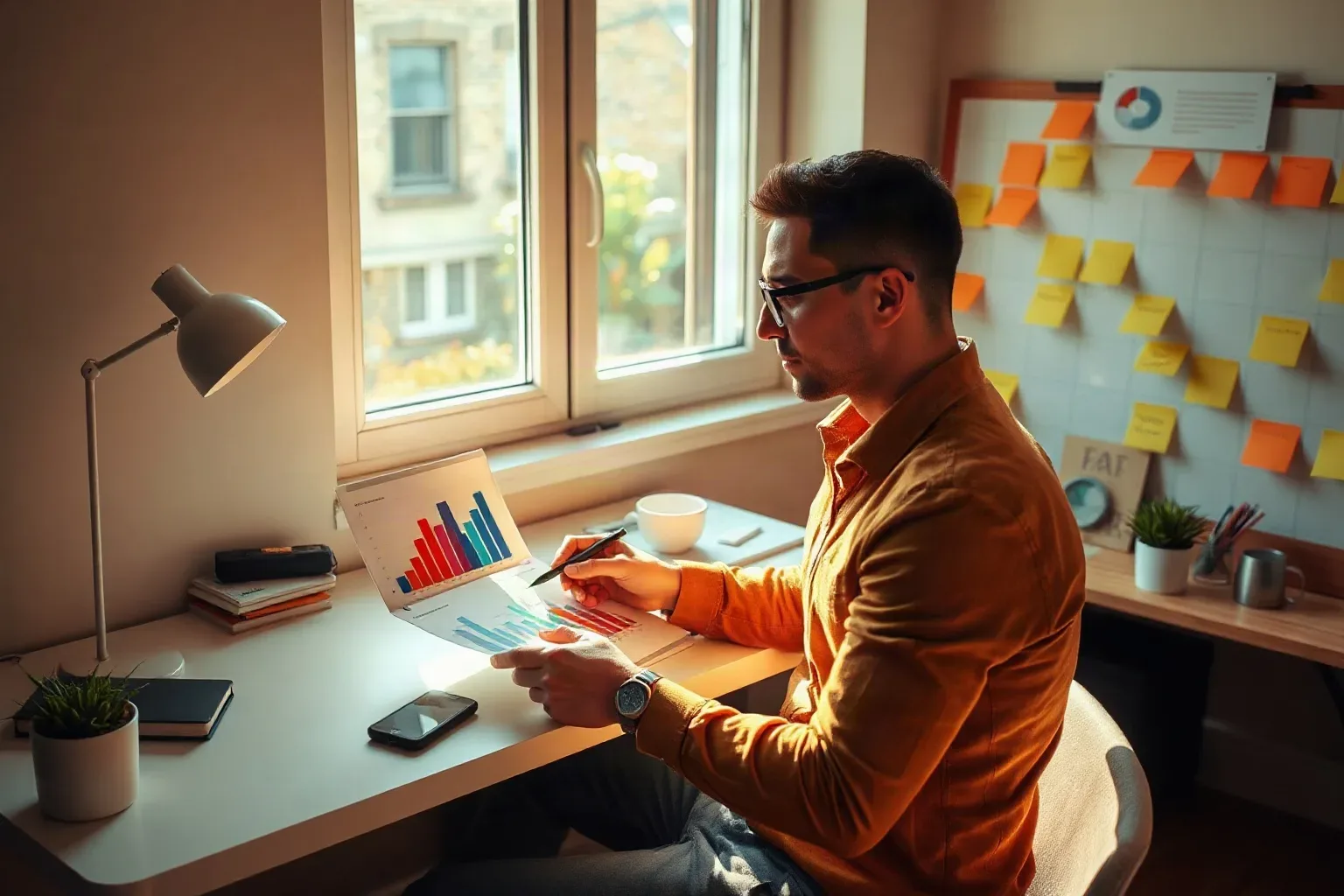 A marketing professional seated at a compact agency desk beneath natural window light pressing a wireless presenter clicker onto a specific bar on a printed bar-chart analytics report while a colour-coded sticky-note planning grid is visible on the wall ahead
