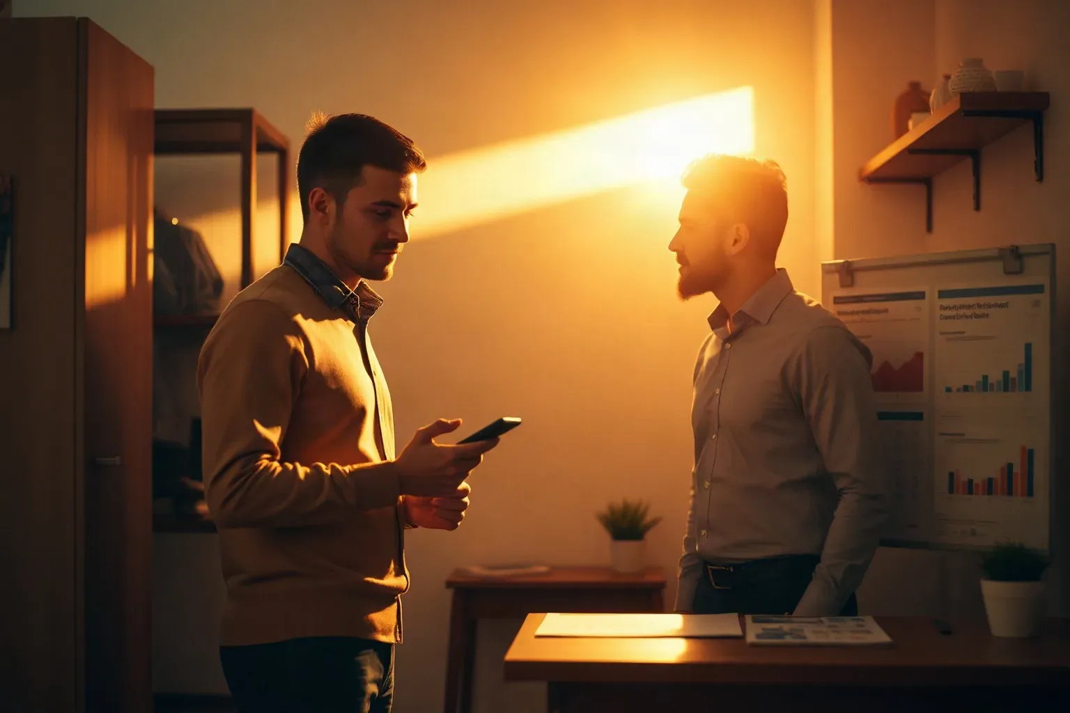 Two people stand facing each other in a warmly lit office, one holding a smartphone, with charts and graphs visible on a board behind them