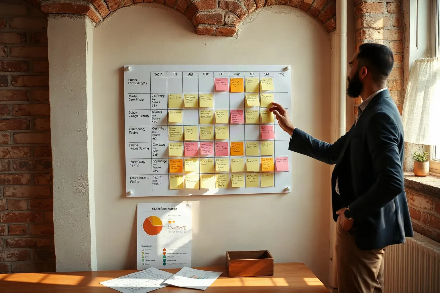 A person in a blazer arranges colourful sticky notes on a wall-mounted grid chart in a room with exposed brick walls and a window
