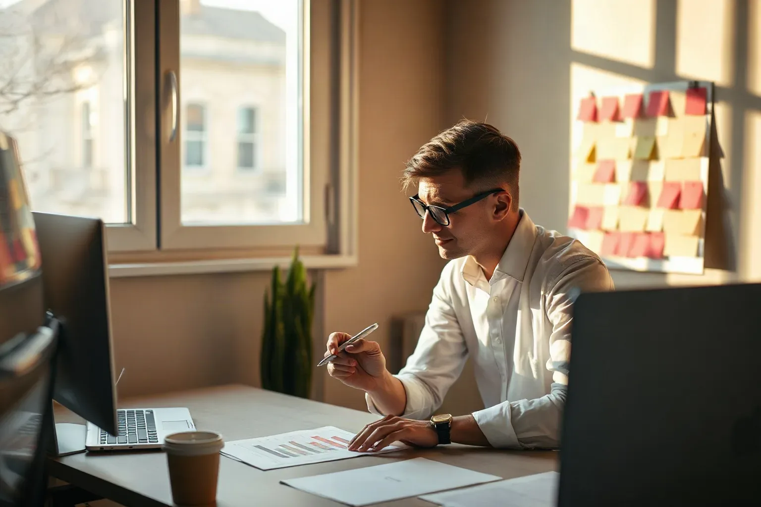 A person in a white shirt and glasses sits at a desk reviewing printed bar-chart reports, holding a pen, with colourful sticky notes covering a board behind them