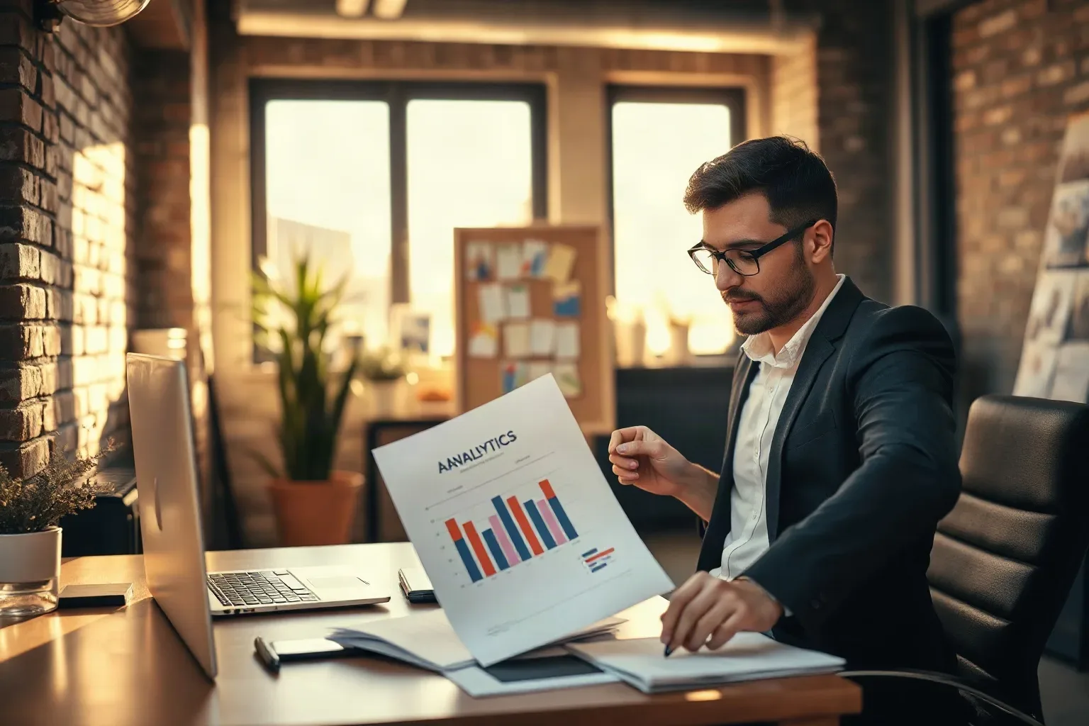 A marketing professional in a compact agency office with exposed brick walls lifting a printed bar-chart analytics report from a stack on the desk and examining it at arm's length while a mounted pin board with audience segmentation cards is visible in the background