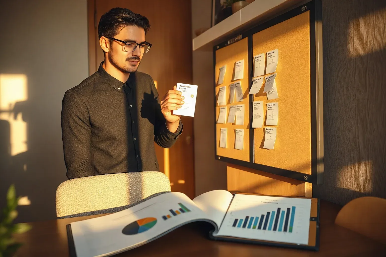 A person wearing glasses holds a small card while standing beside a cork pin board covered in notes, with open reports showing bar and pie charts on the desk in front