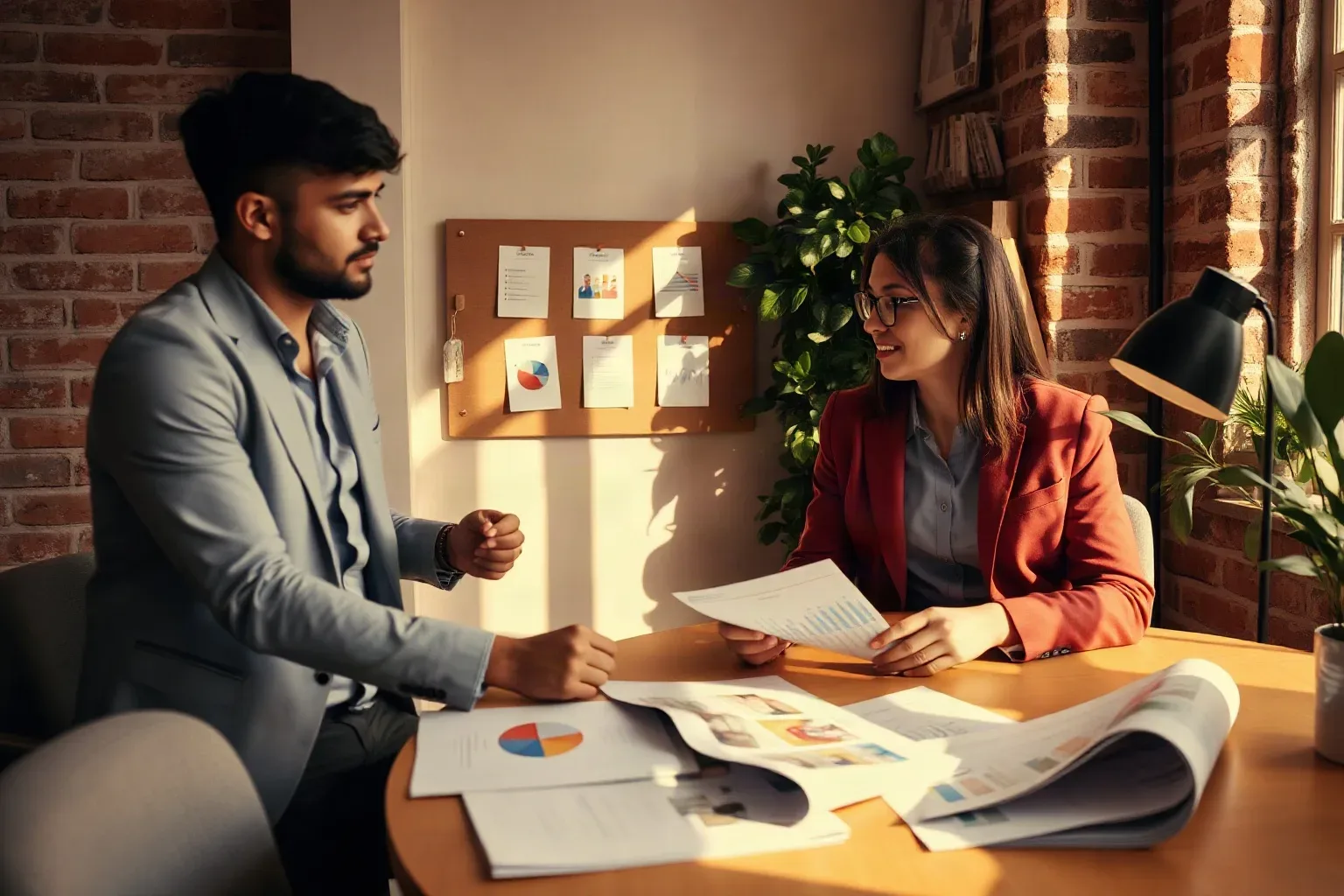 Two business professionals in smart-casual clothing in a compact agency office with exposed brick walls arranging audience segmentation cards into three distinct labelled groupings on a mounted pin board while printed funnel analytics reports are fanned across the desk
