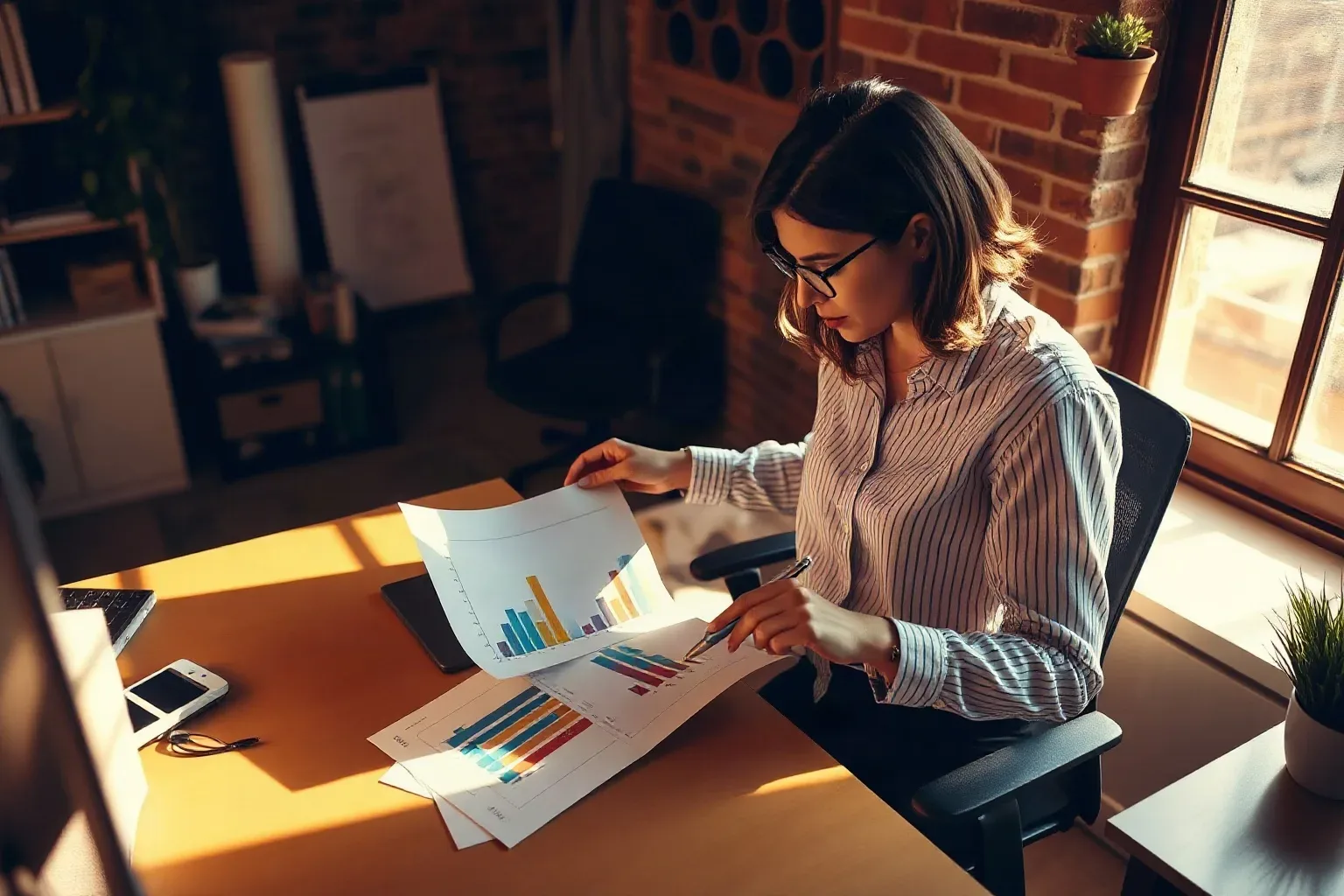 A marketing professional in a compact agency office with exposed brick walls spreading several printed bar-chart analytics reports across a desk and placing a wireless presenter clicker on top of one to hold it flat under natural window light
