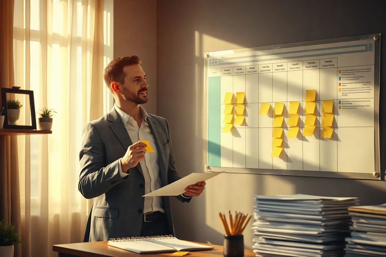A person in a suit holds a sticky note and a sheet of paper while reviewing a wall-mounted grid board covered in yellow sticky notes