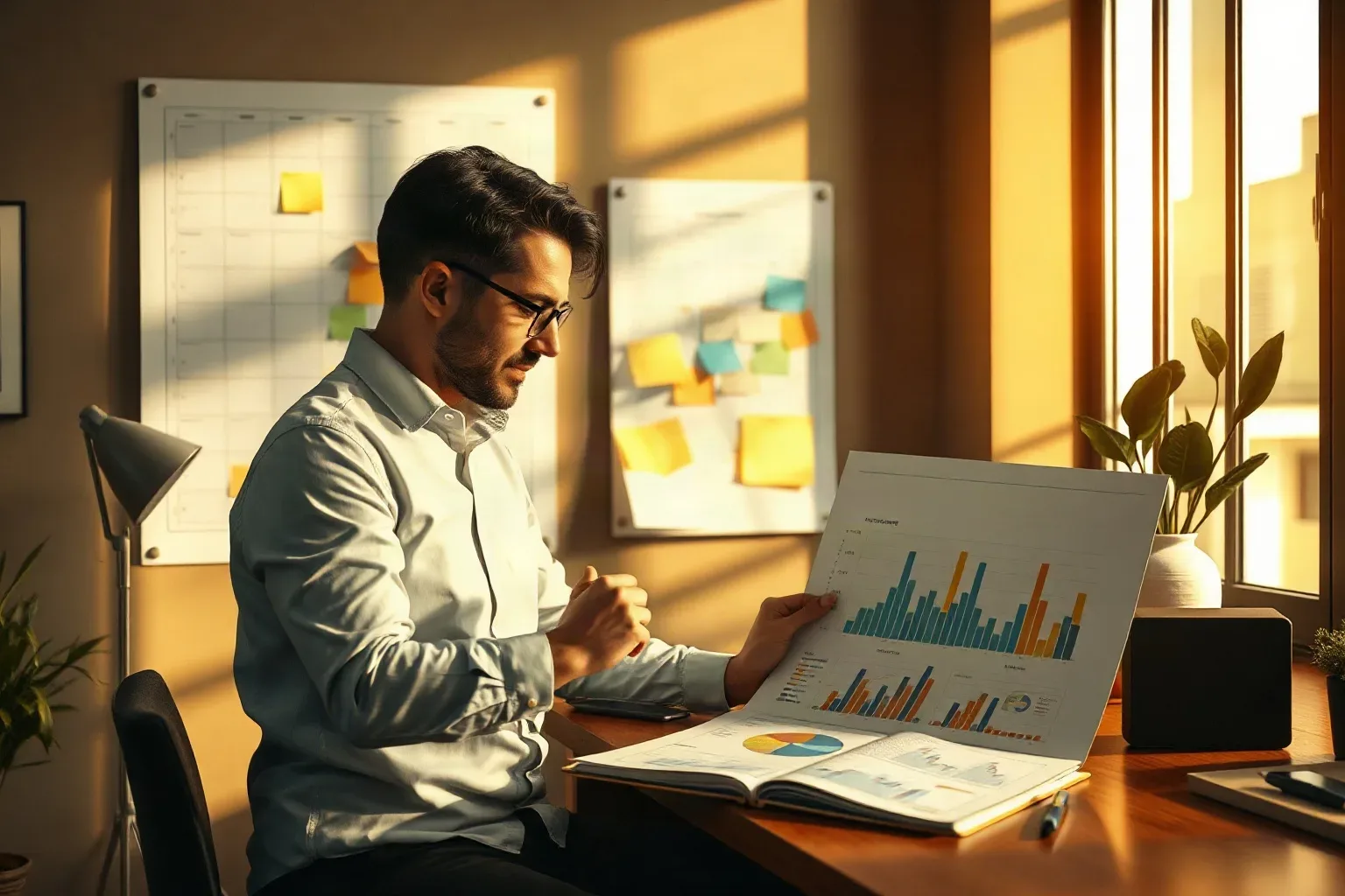 A person wearing glasses sits at a wooden desk in a sunlit office, reviewing printed reports showing colourful bar charts, with sticky notes on wall-mounted boards behind them