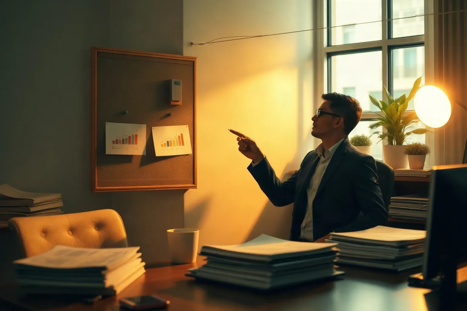 A person in a dark blazer sits at a paper-strewn desk and points towards charts pinned to a cork board on the wall