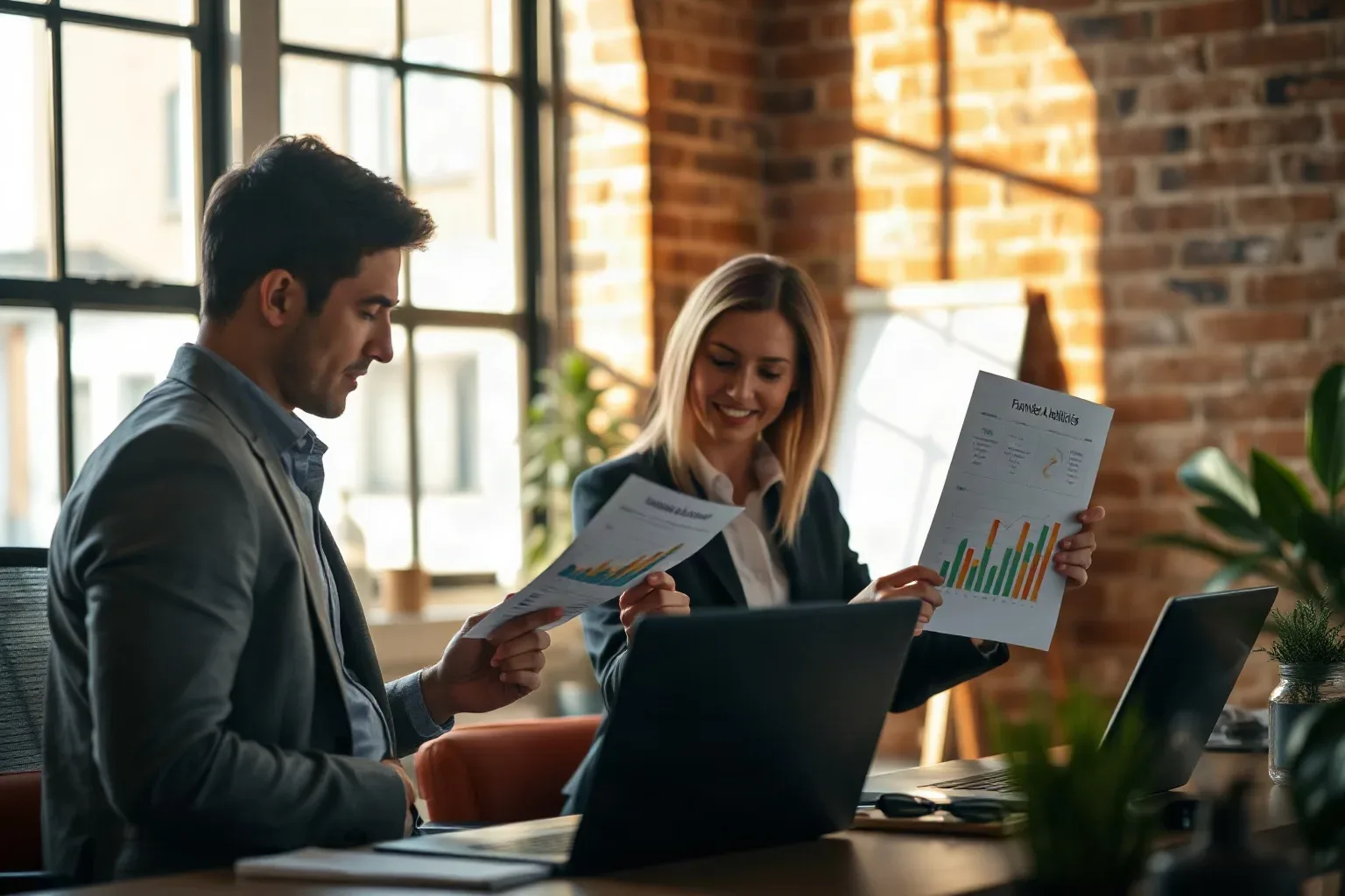Two professionals in smart-casual clothing sit at a desk in a brick-walled office, reviewing printed bar-chart reports together