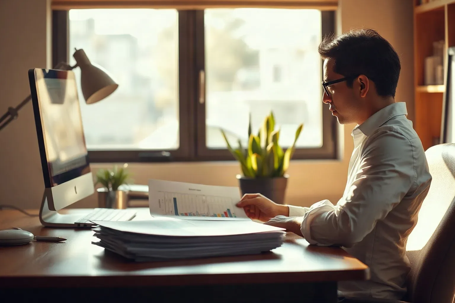 A person wearing glasses sits at a wooden desk reviewing printed charts, with a computer monitor, desk lamp, and potted plants visible in a sunlit room