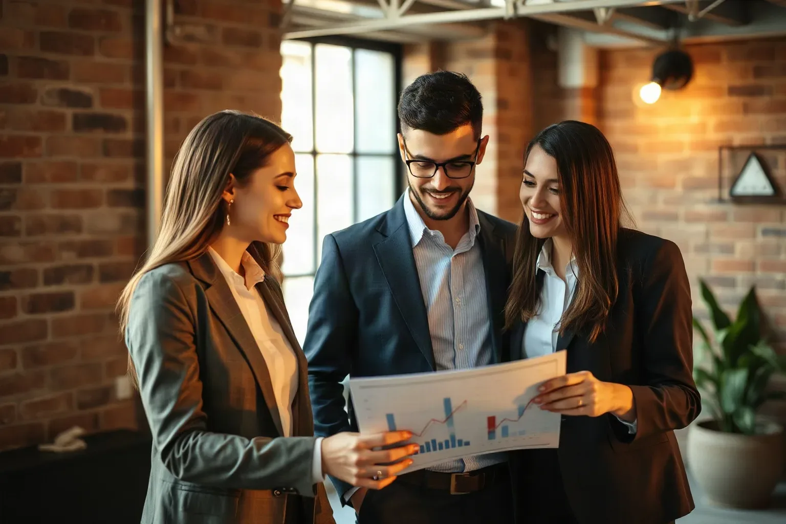 Three professionals in business attire huddle together reviewing a printed chart with bar graphs in a warmly lit office with exposed brick walls