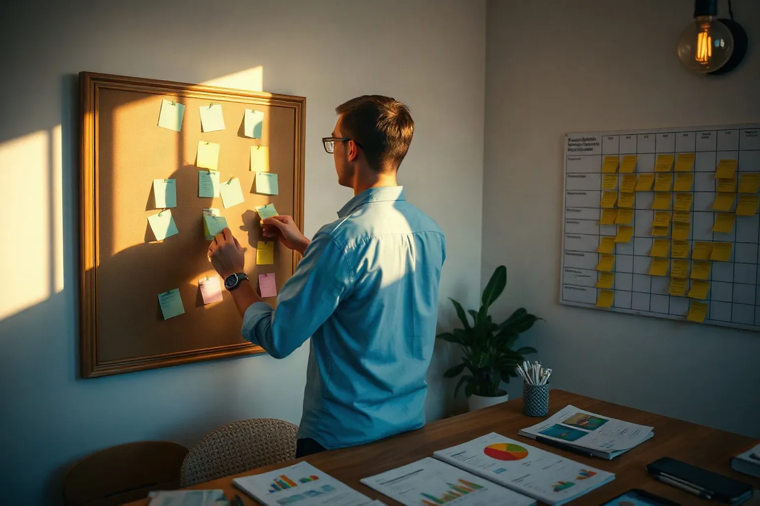 A person in a light blue shirt arranges colourful sticky notes on a cork pin board beside a desk covered in printed charts and reports