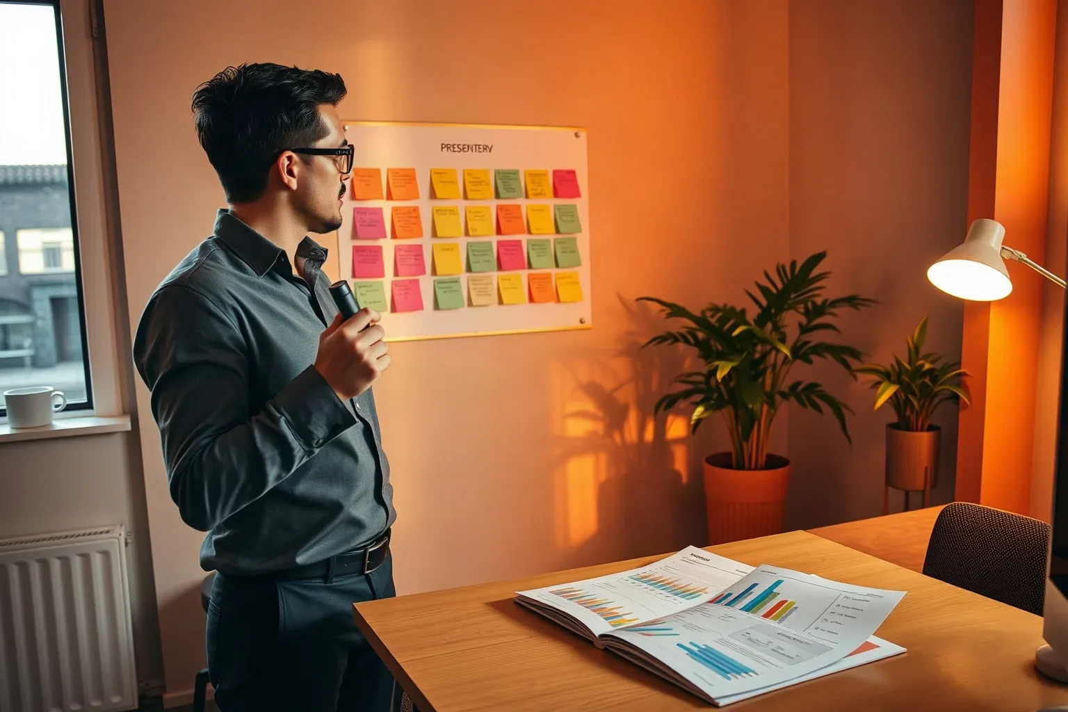 A professional in smart-casual clothing in a compact agency office holding a wireless presenter clicker and gesturing toward a colour-coded sticky-note grid on the wall while a printed funnel analytics report is open on the desk below