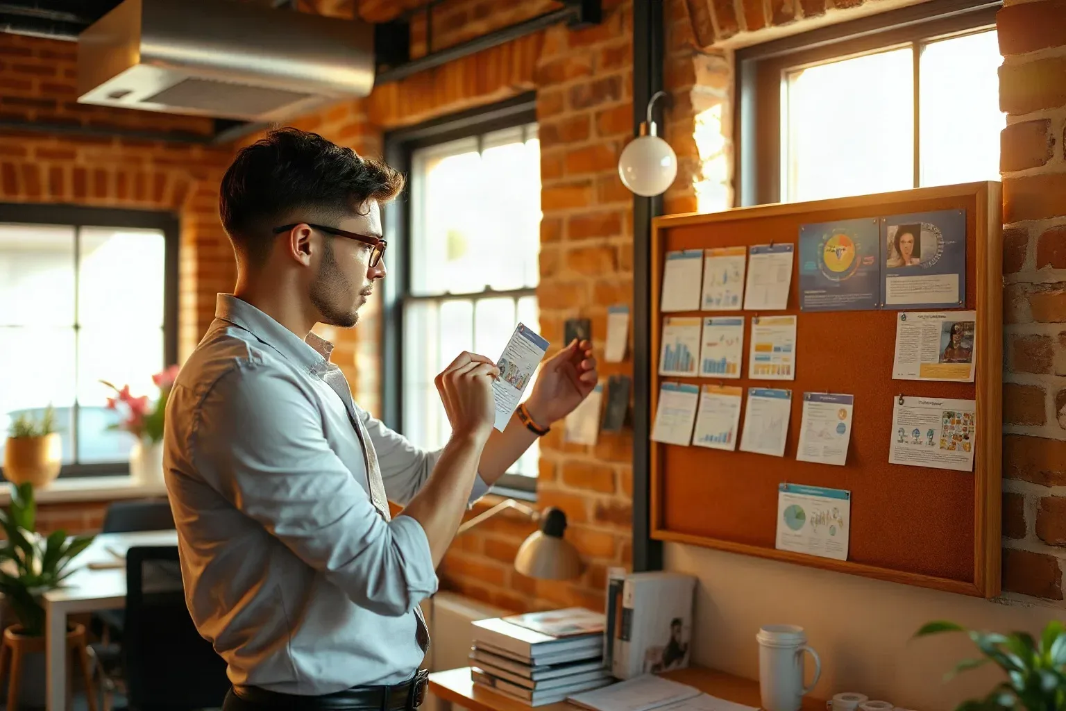 A professional in smart-casual clothing pinning a fresh row of audience segmentation cards to a mounted pin board in a compact office with natural window light and exposed brick walls