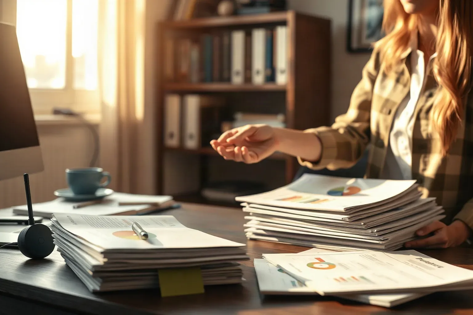 A person with long hair sits at a desk covered in stacked printed reports featuring colourful charts, with a bookcase and window light behind them