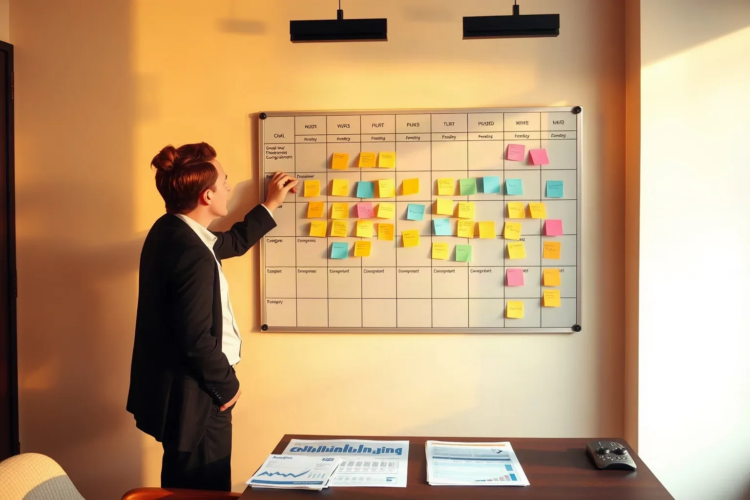A person in a dark blazer stands at a wall-mounted planning grid covered in colourful sticky notes, with documents and a remote control on the desk in front
