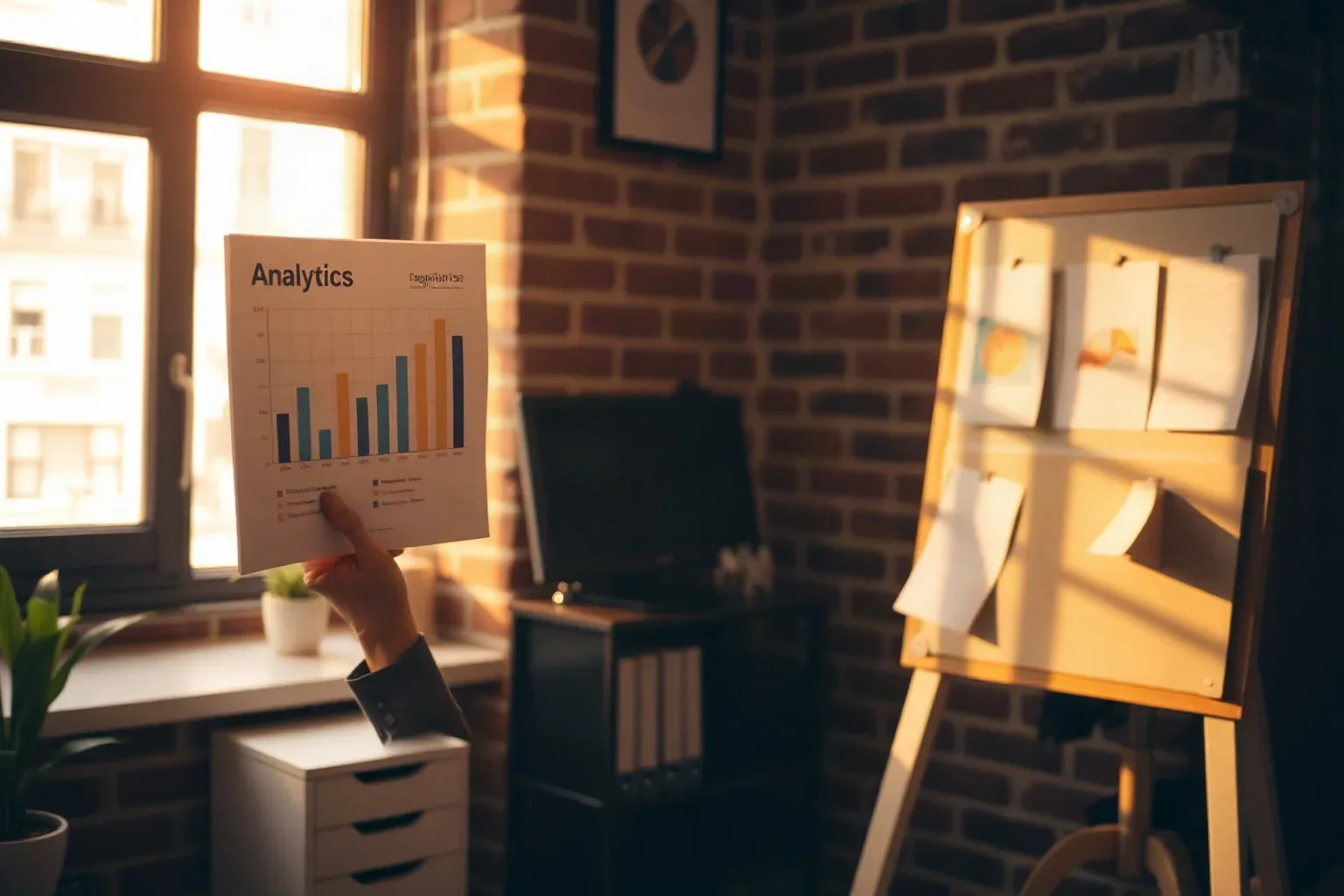 A marketing professional in a compact agency office with exposed brick walls holding a printed bar-chart analytics report up toward natural window light while audience segmentation cards are pinned on the board to one side
