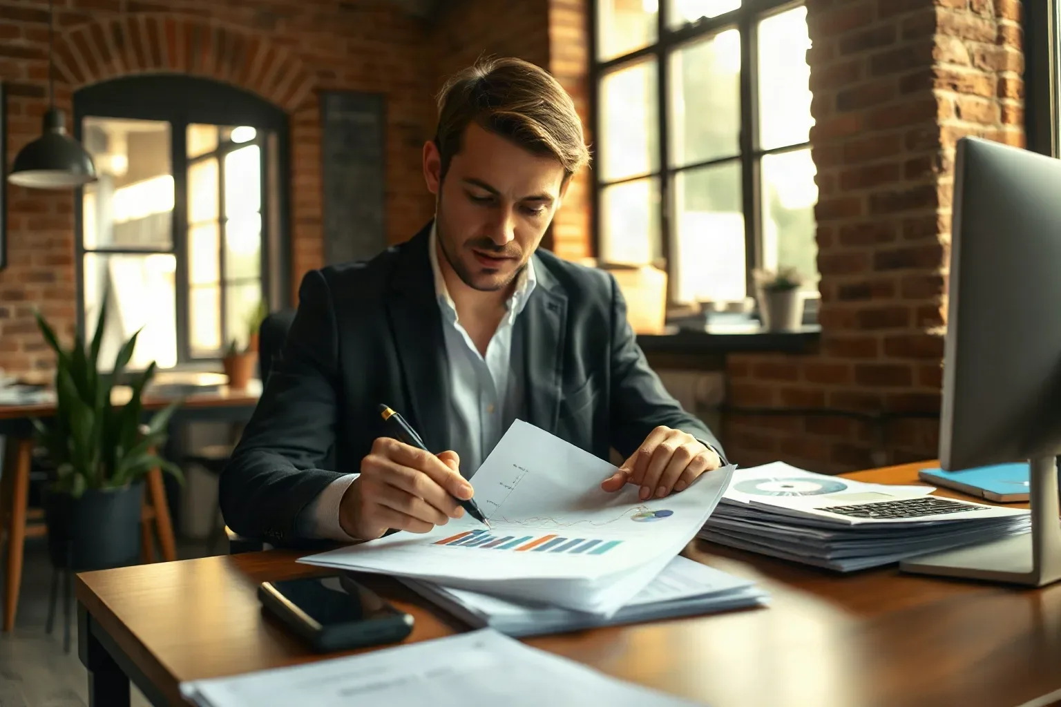 A person in a dark blazer sits at a wooden desk in a brick-walled office, reviewing printed bar-chart reports and making notes with a pen