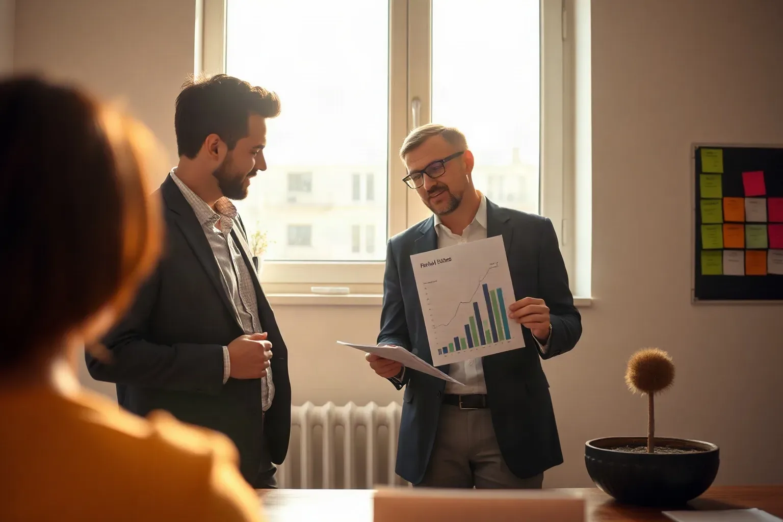 Two people in smart-casual suits stand in a bright office, one holding a printed bar-chart report while a colour-coded sticky-note grid is visible on the wall behind them