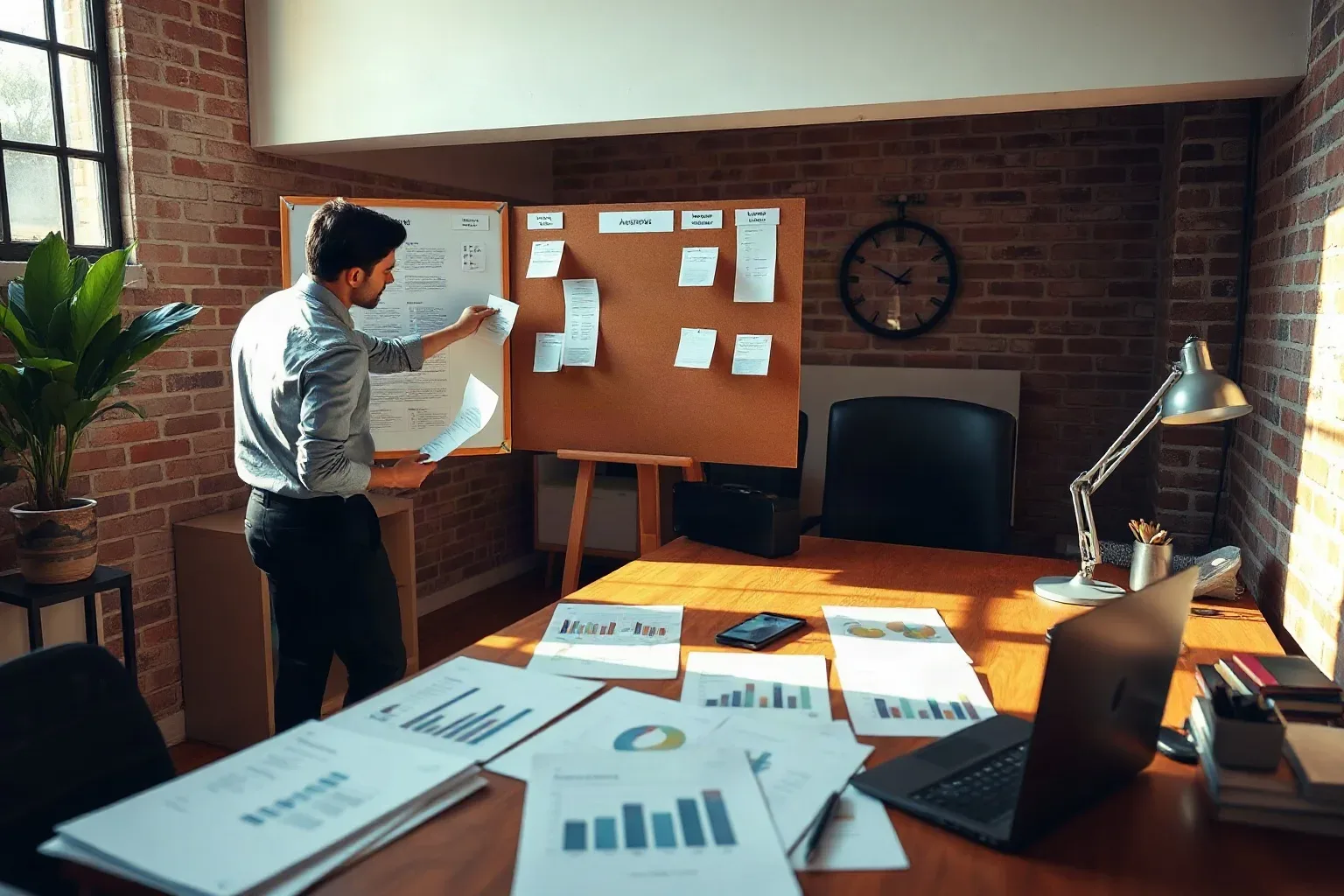 A marketing professional standing at a mounted pin board shifting audience segmentation cards between two labelled columns while printed bar-chart analytics reports are spread across the desk below in an office with exposed brick walls