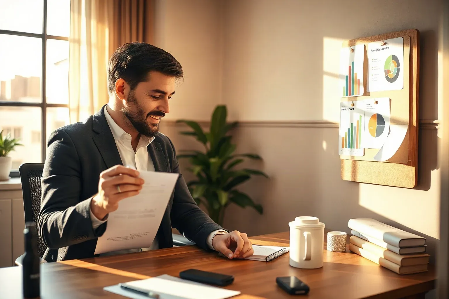 A smiling person in a dark blazer sits at a wooden desk reading a document, with charts pinned to a corkboard on the wall behind them