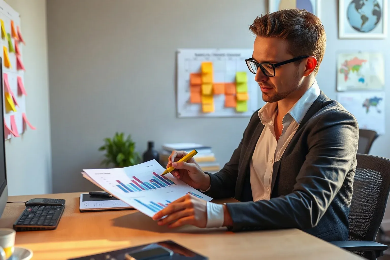 A person in a blazer and glasses sits at a desk reviewing printed bar-chart reports, with colourful sticky notes arranged on a wall-mounted board behind them