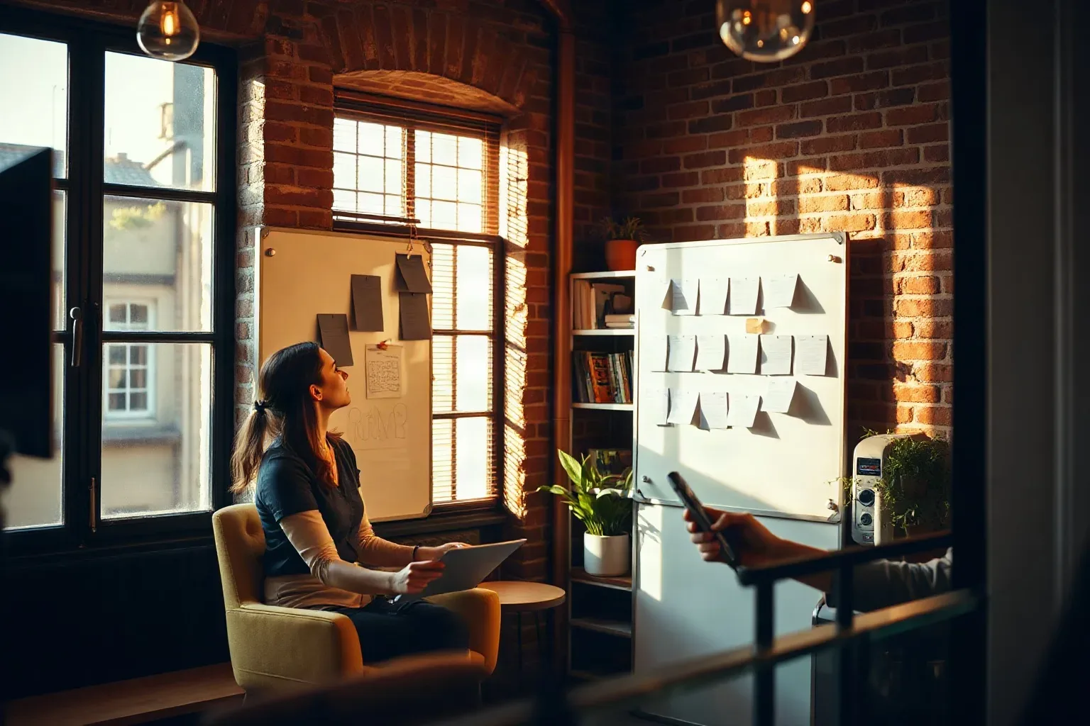 A person sits in an armchair holding a tablet, looking towards a whiteboard covered with sticky notes in a warmly lit brick-walled office