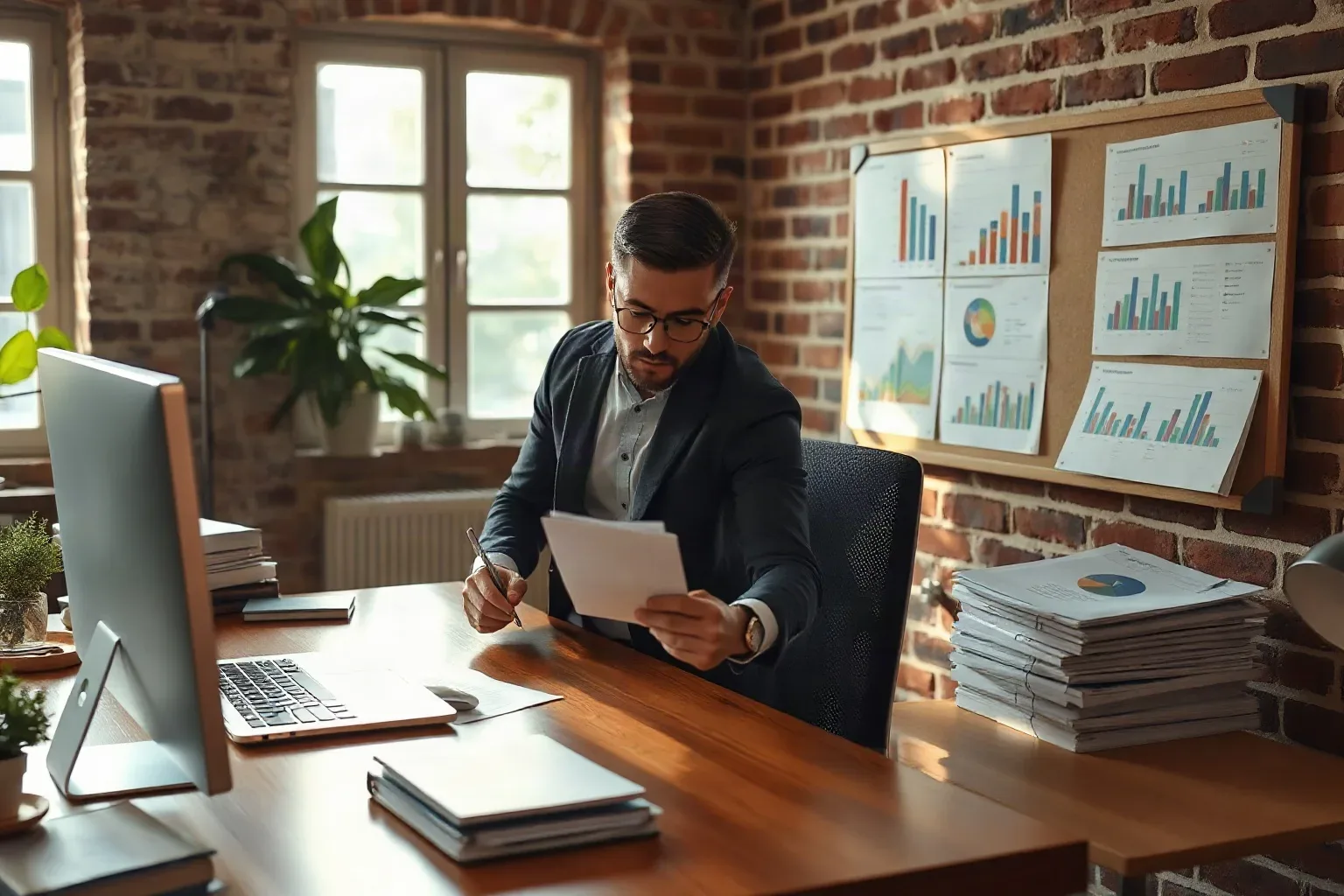 A person in a dark blazer and glasses sits at a wooden desk in a brick-walled office, reviewing papers while charts are pinned to a board behind them