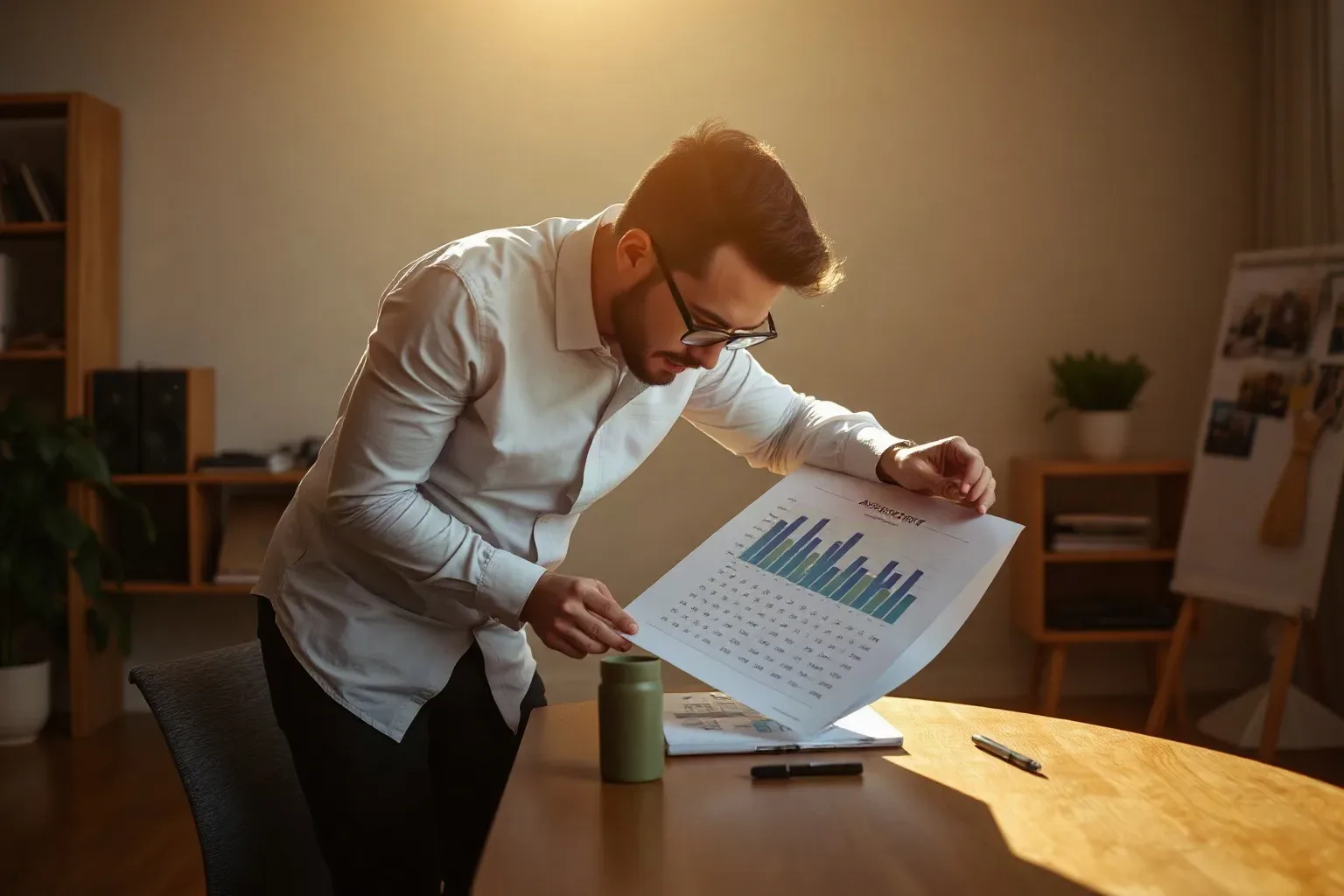 A person in a white shirt and glasses leans over a desk, closely examining a printed bar-chart report in a warmly lit office