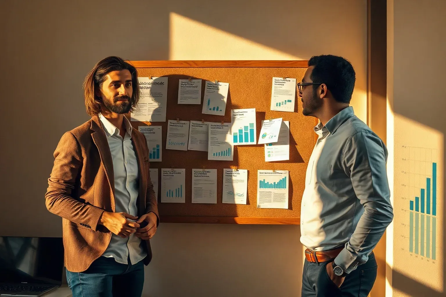 Two people in smart-casual clothing stand facing each other in front of a cork pin board covered with printed charts and reports, in a warmly lit office