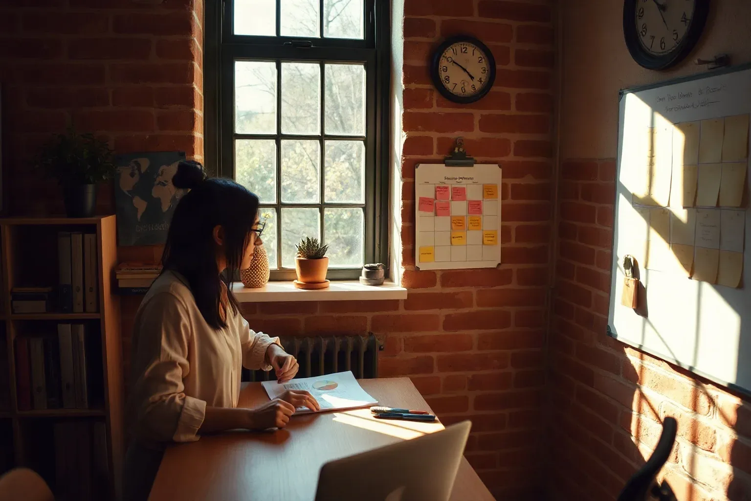 A marketing professional in a compact office with natural window light and exposed brick walls reviewing a printed funnel analytics report at a desk while a colour-coded sticky-note grid on the wall shows a multi-channel campaign plan