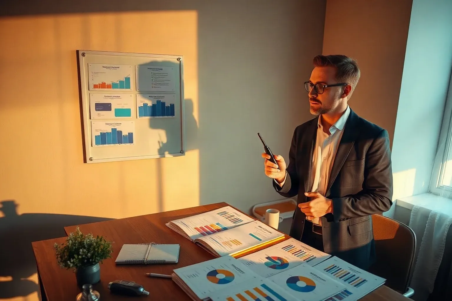 A person in a suit and glasses stands beside a desk covered in printed charts and reports, holding a remote clicker and looking towards a wall-mounted board displaying graphs