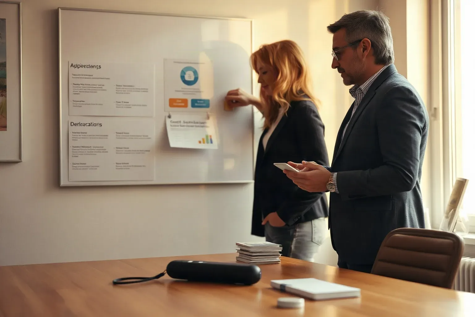 Two people in smart-casual clothing stand before a wall-mounted whiteboard displaying printed charts and documents, one holding a smartphone