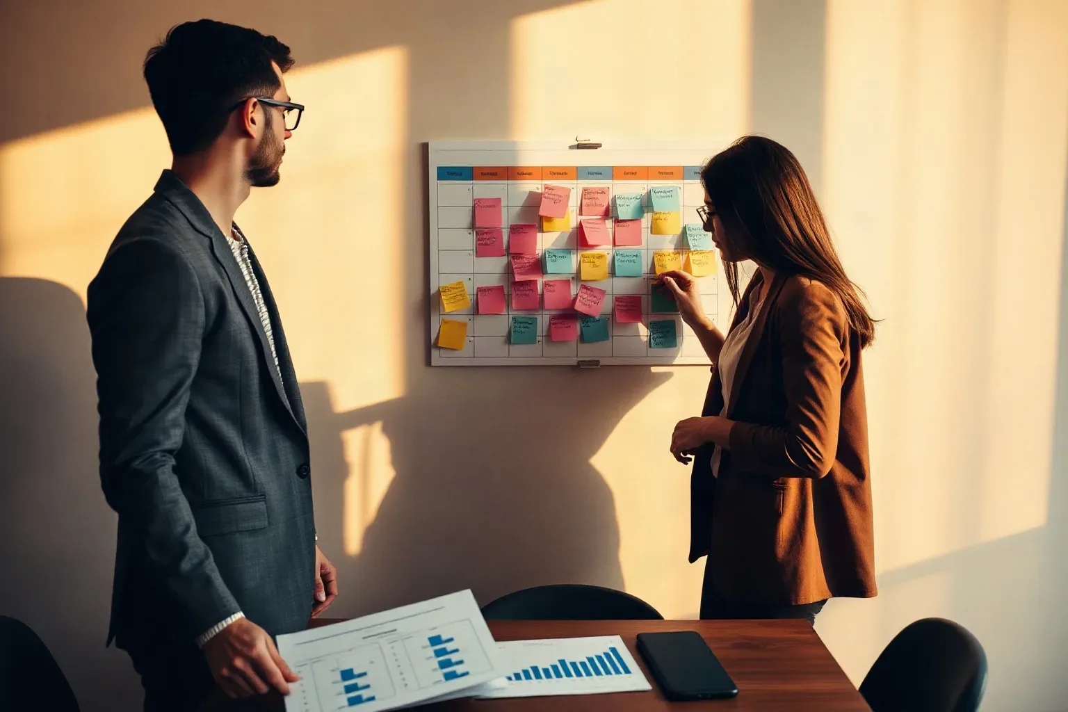 Two professionals in smart-casual clothing review a wall-mounted calendar grid covered in colourful sticky notes, with printed charts on the table nearby