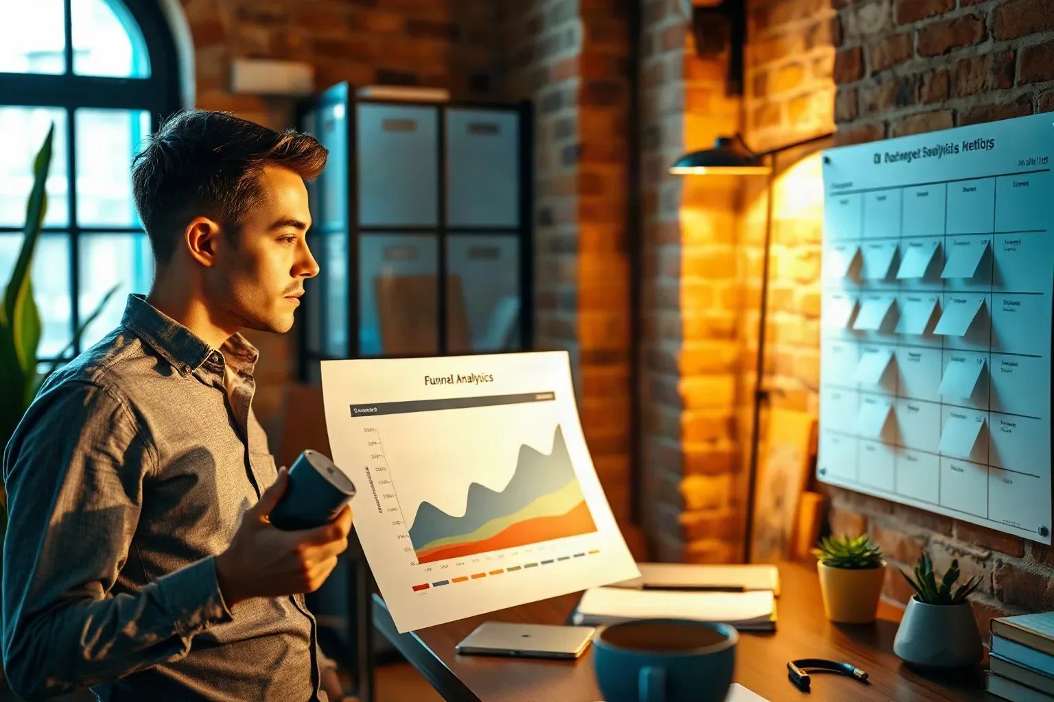 A marketing professional in a compact office with exposed brick walls holding a wireless presenter clicker and studying a printed funnel analytics report on the desk while a colour-coded sticky-note grid divided into organic and paid columns is mounted on the wall