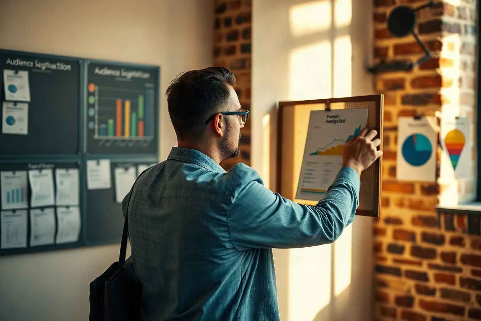 A professional in smart-casual clothing attaching a printed funnel analytics report to a mounted pin board beside existing audience segmentation cards in an office with exposed brick walls