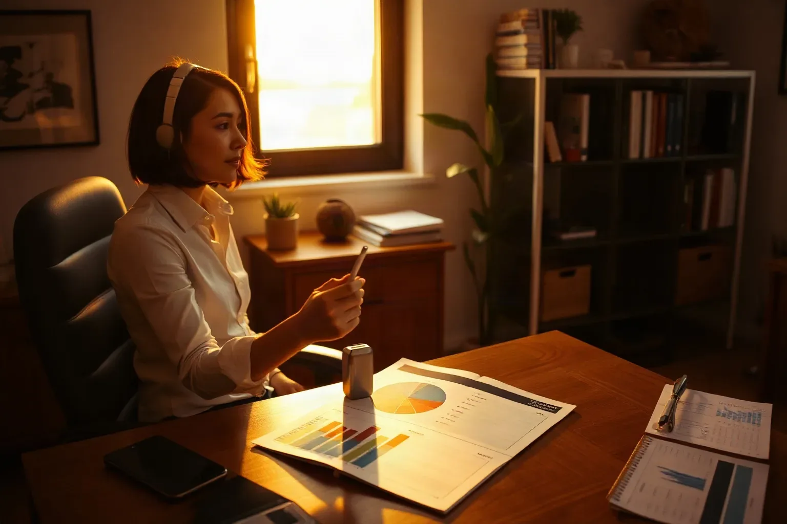 A person wearing headphones sits at a wooden desk in a warmly lit office, holding a stylus and reviewing printed charts and graphs spread across the desk