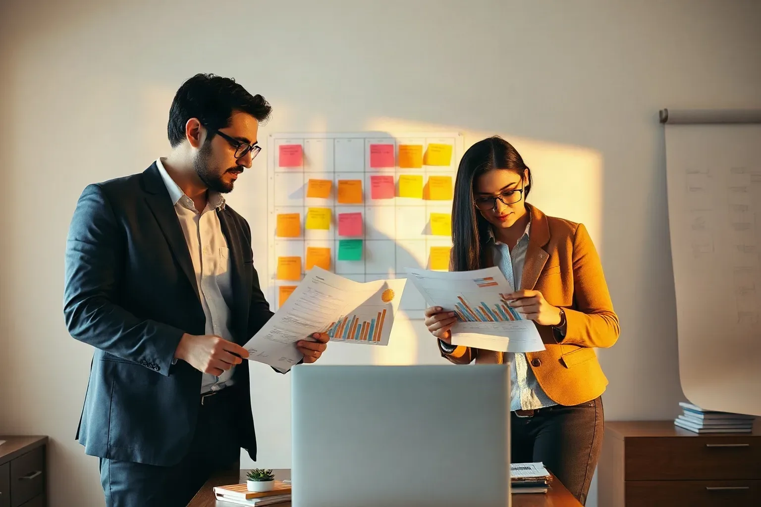 Two professionals in smart-casual attire review printed bar-chart reports beside a laptop, with a colourful sticky-note planning grid on the wall behind them