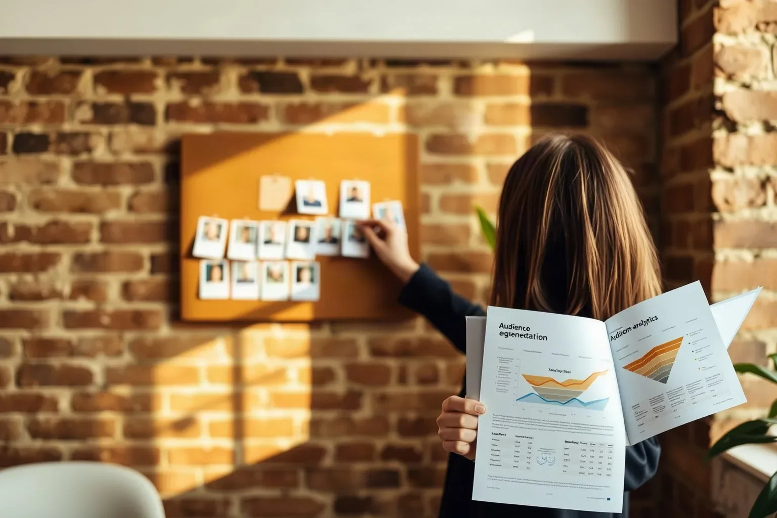 A professional in a compact agency office with exposed brick walls reorganising audience segmentation cards on a mounted pin board while a printed funnel analytics report is folded open and propped against the board's edge