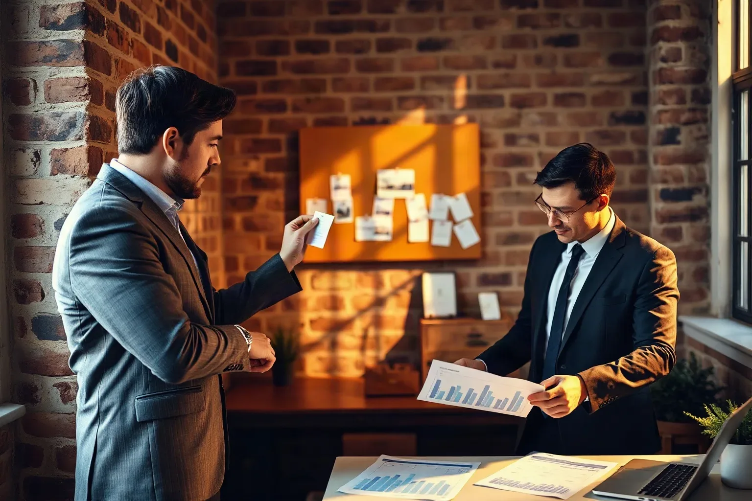 Two business professionals in smart-casual clothing in a compact office with exposed brick walls where one pins a new row of audience segmentation cards to a mounted pin board while the other reviews a printed bar-chart analytics report at the desk below