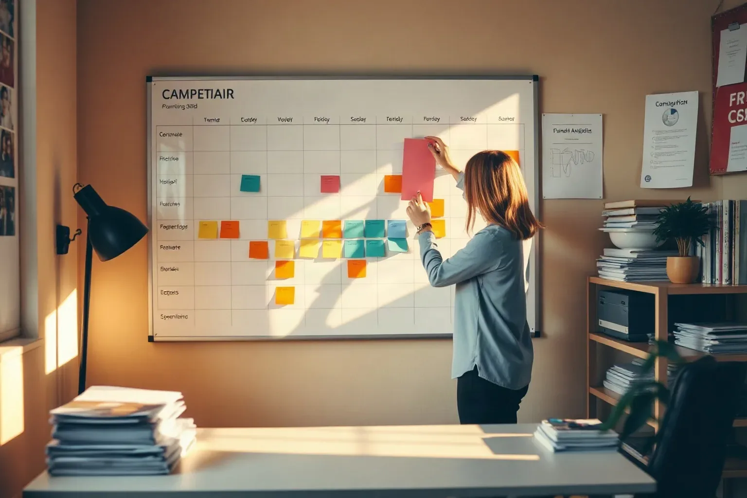 A person places colourful sticky notes onto a large whiteboard grid in a warmly lit office surrounded by stacked papers and shelving