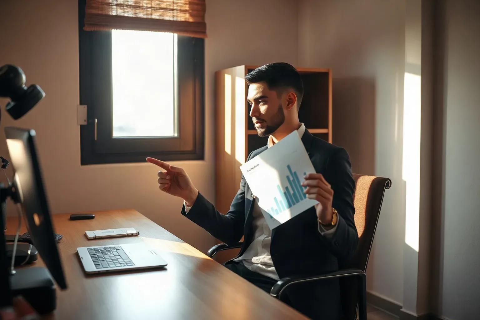 A person in a dark suit sits at a desk holding a printed bar-chart report and pointing towards a monitor, in a warmly lit office