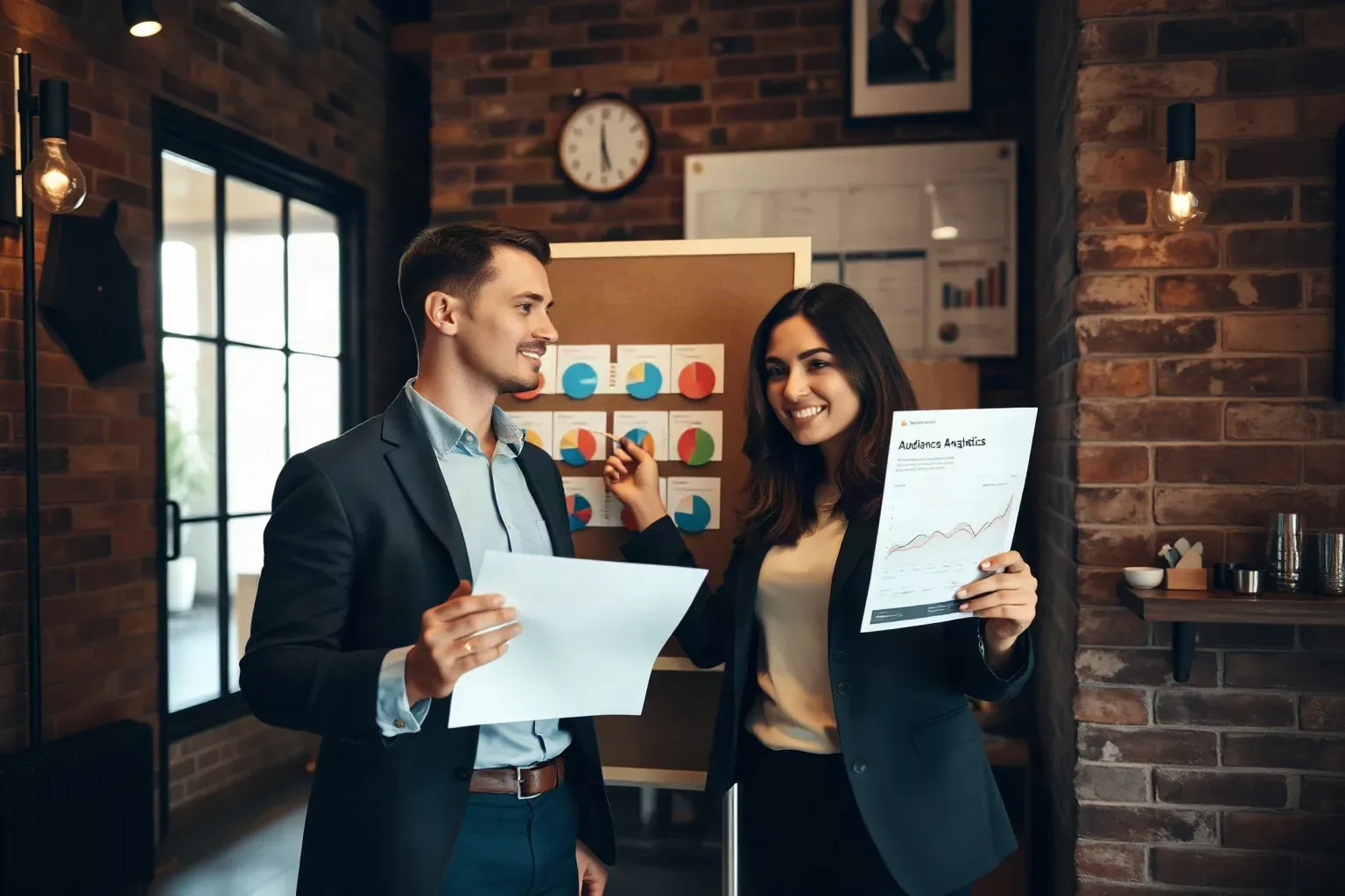 Two professionals in smart-casual blazers review printed analytics charts together in a compact office with exposed brick walls and a cork pin board displaying colourful pie-chart cards
